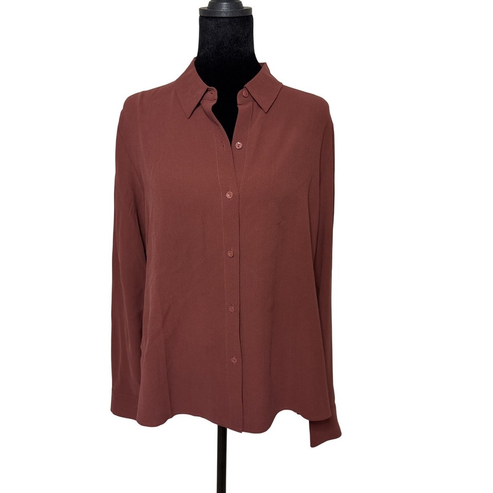 NWT‎ Eileen Fisher Redwood Silk Georgette Crepe Classic Collar Shirt Size XXS